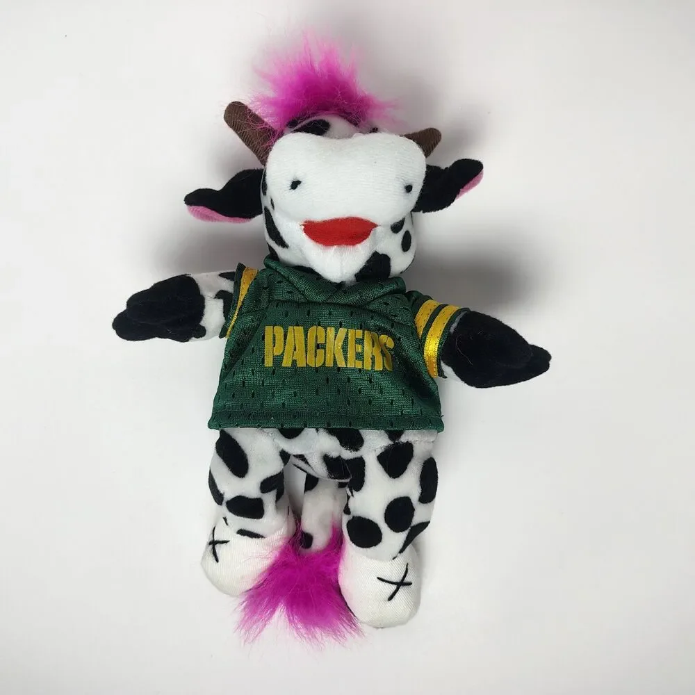 Vintage 1997 Green Bay Packers Plush Cow Stuffed Animal Pink Hair Jersey Mascot